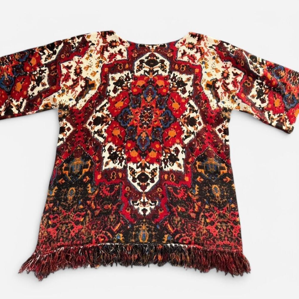 Burgundy and Red Tapestry Short Sleeve Knit Top with Bottom Hem Fringe - Picture 6 of 8
